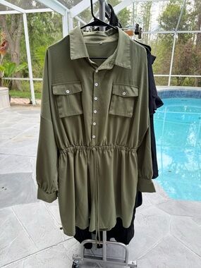 Olive Green Utility Romper 3XL Plus Size Long Sleeve Button Front Cinched Waist